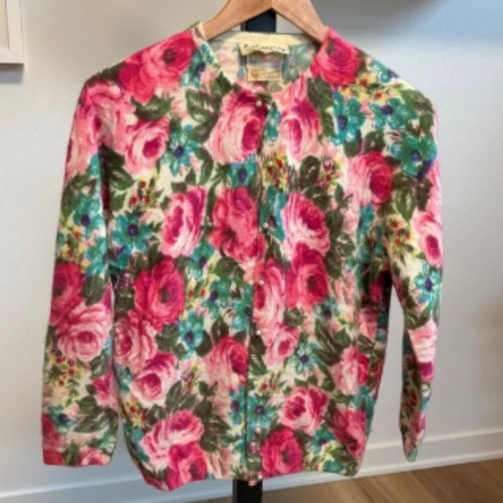 Vintage Angelon by Darlene Angora Rabbit & Lambswool Floral Cardigan, sz Small